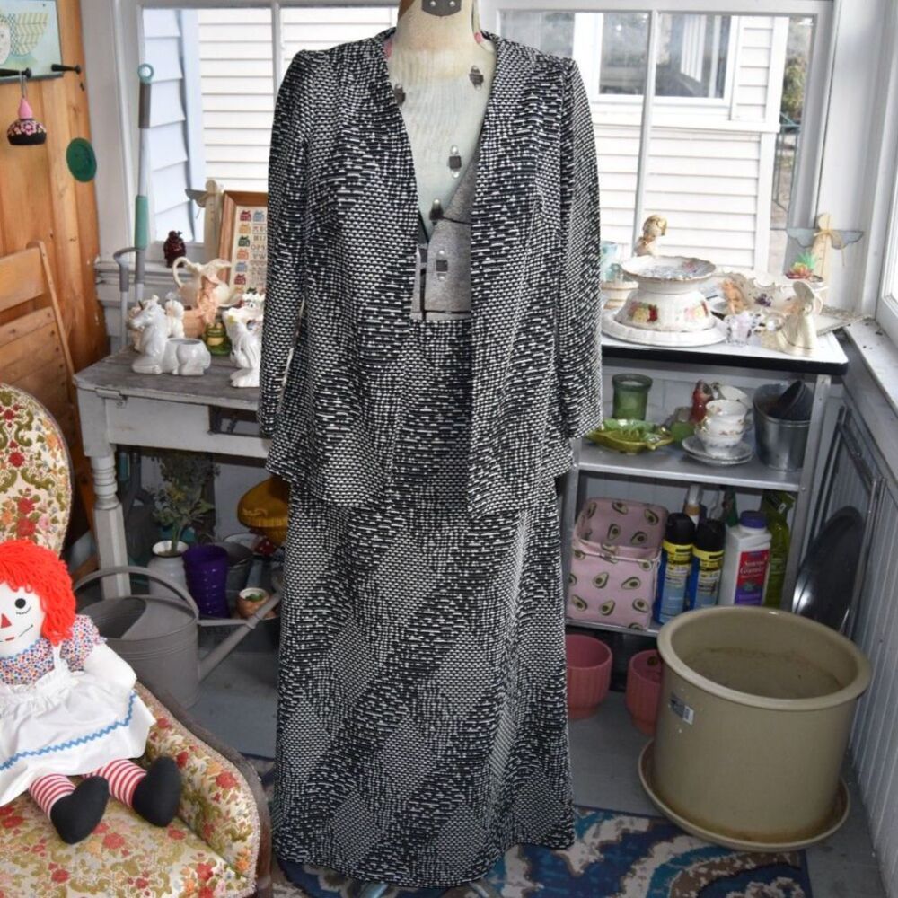 Vintage 70s R&K Originals Maxi Skirt Jacket Set Black White Abstract Size Large